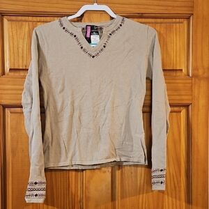 Embroidered Beige Long Sleeve Top